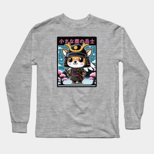 Cute cartoon Kawaii fawn Deer samurai armor with katana Chibi fuji mount blossom Long Sleeve T-Shirt